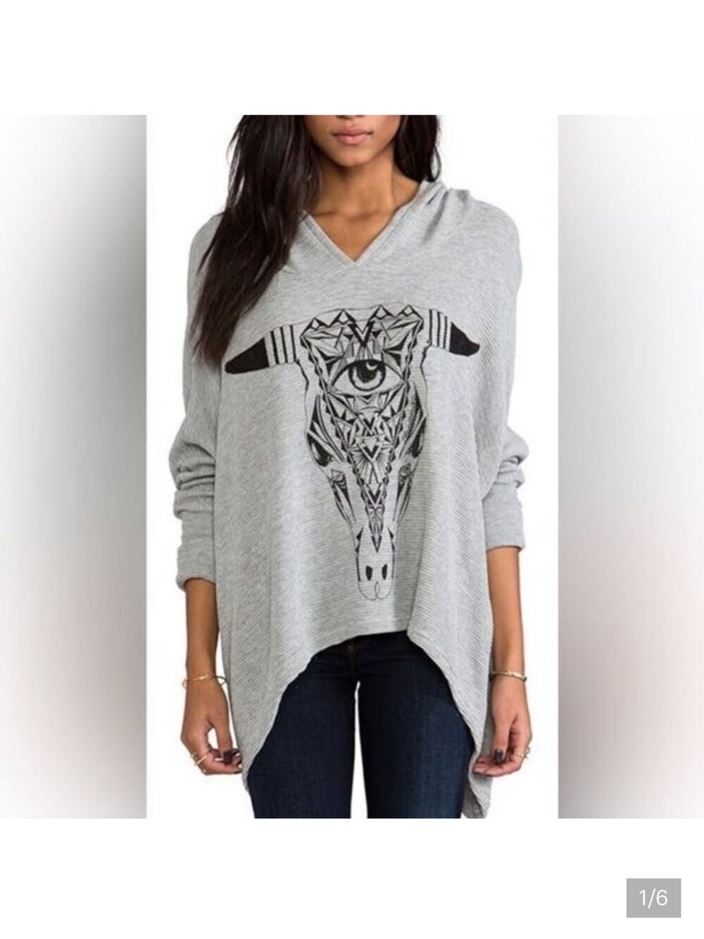 NWT Lauren Moshi Women’s Gray Aztec Bull Hoodie Asymmetrical Hem Oversized XS/S